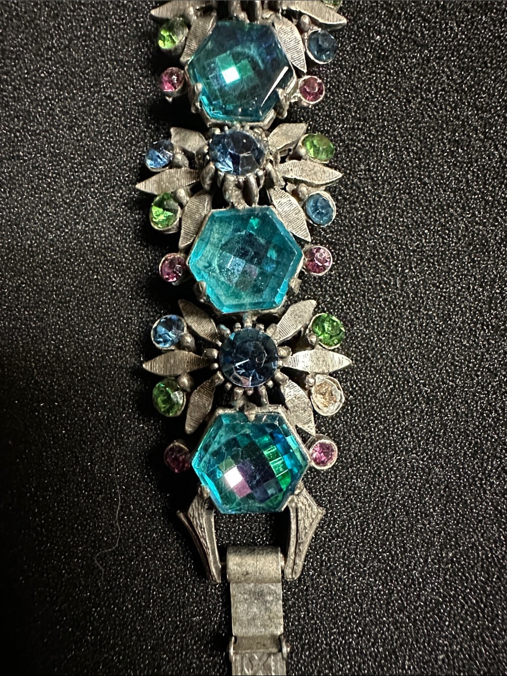 Vintage Signed FLORENZA Blue Aurora Borealis Rhinestone Link Bracelet (As-Is) - Picture 6 of 16